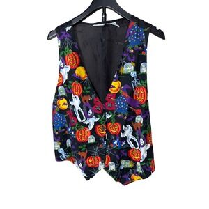 Basic Editions Vintage Halloween Vest Womens 2X Black Cotton Pumpkin Ghost Print